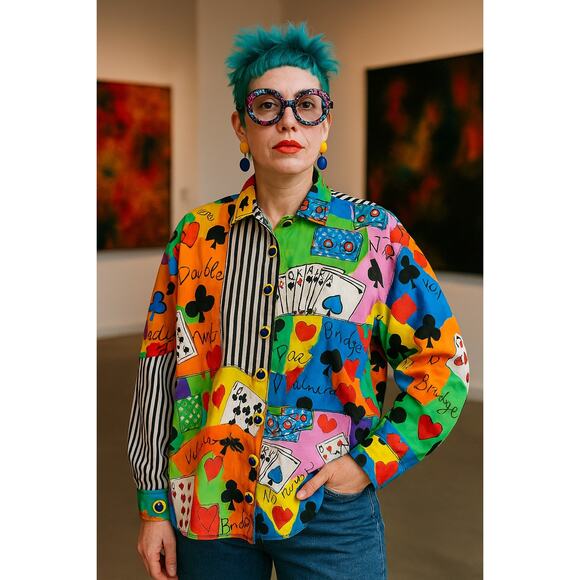 Vintage LRW Designs Atlanta Handpainted Card Game Shirt | 80s Artwear unique - Picture 1 of 9